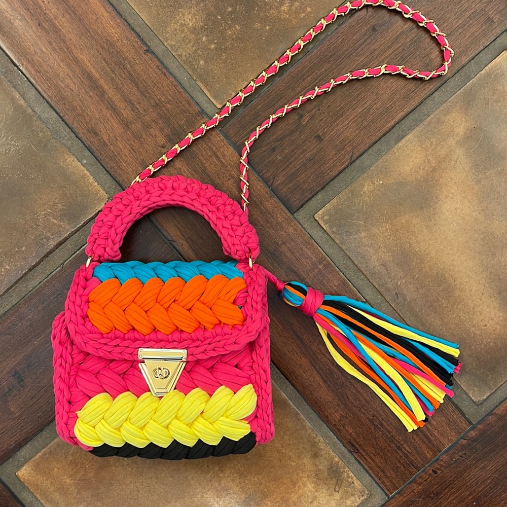 Handwoven Hot Pink Multicolor Crossbody Bag with Tassel